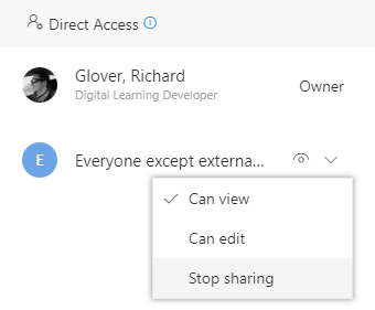 An image showing the Direct Access panel of OneDrive