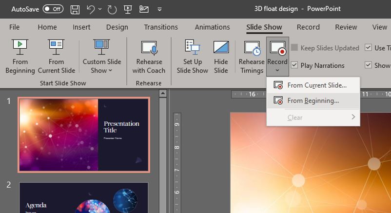 Image showing Microsoft PowerPoint options to record a Slideshow presentation.