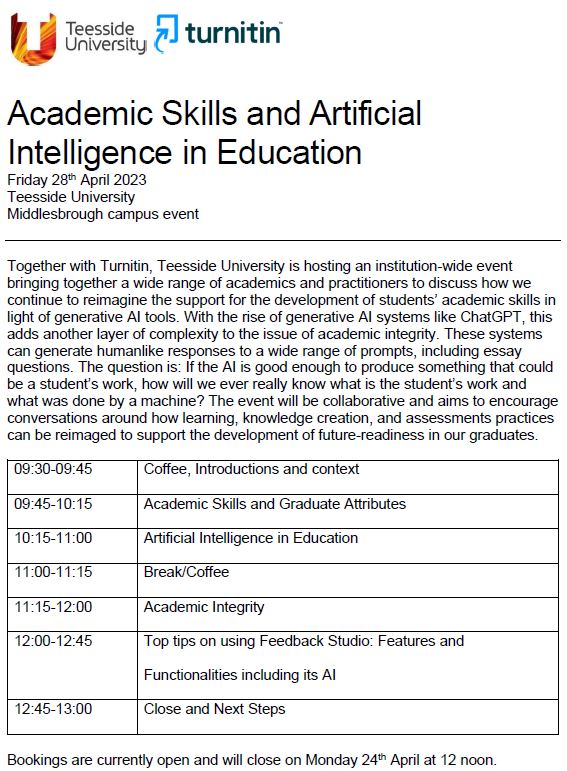 Image showing the Academic Skills and Artificial Intelligence in Education invitation (identical to PDF linked below)