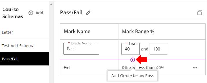 Image showing how to add the Mark Names and Ranges for the new Course Schema being set up.