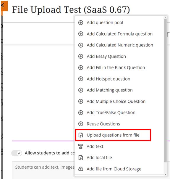 Image showing how to access the new "Upload questions from file" feature in Blackboard Ultra content creation workflow.