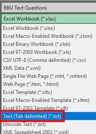 Image showing an the correct format to save the spreadsheet document in so that can be used to produce tab-delimited content for the Upload questions from file feature in Blackboard Ultra. 