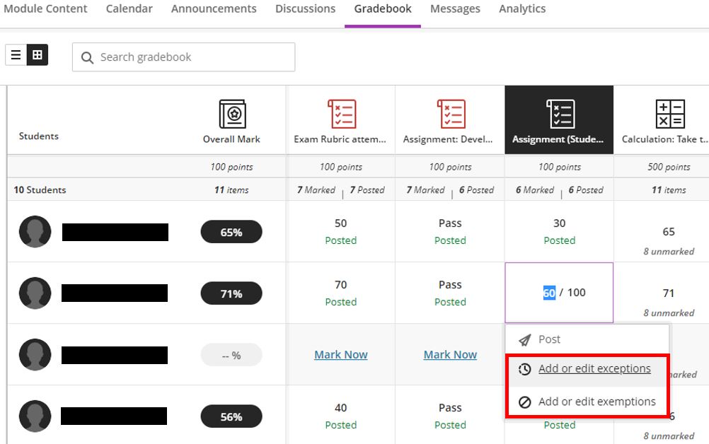 Image showing how to add or edit exemptions in Gradebook by clicking on the cell in the gradebook results table and selecting 'Add or edit exceptions' for either the Assessment due date or the Exempt from marking options.