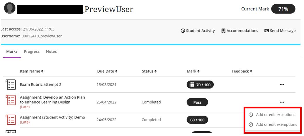 Image showing how to add or edit exceptions from the Student Overview page.
