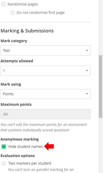 Image showing how to turn on the "Hide student names" feature for anonymous grading in test settings.