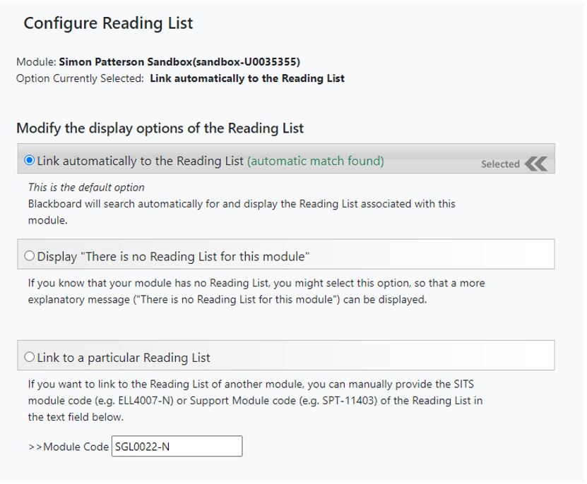 Image showing the Configure Reading List menu in Blackboard.