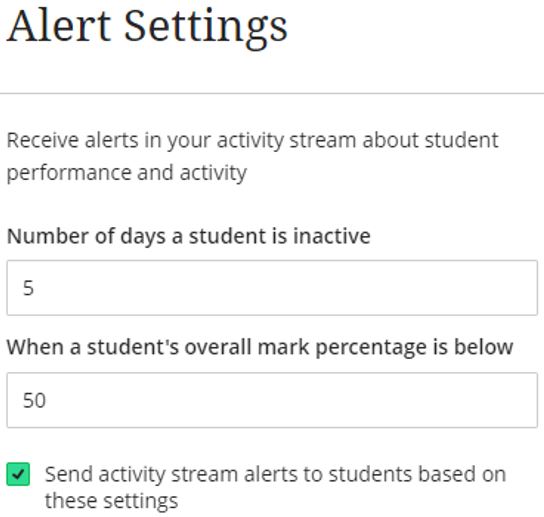 Image showing the Alert Setting menu relating to studednt performance and activity.