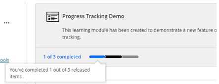 Image showing that when hovering the mouse cursor over the progress bar will inform the student of how much of the content they have completed, started or yet to start.