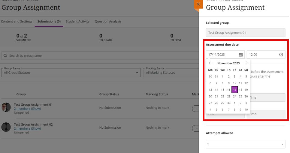 Image showing how to configure an exception assignment submission date for a group assessment.