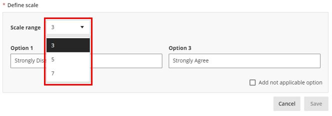 Image showing the available 'Scale ranges' that can be selected when setting up a Likert question type.