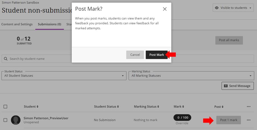 Image showing the need to click the Post Mark button to post the non-submission feedback.