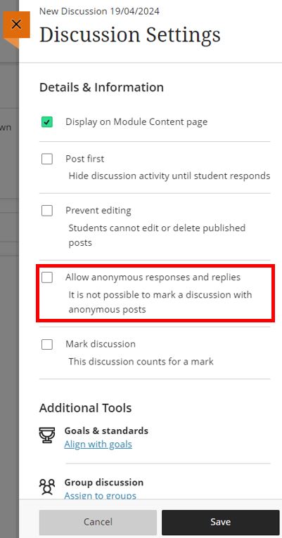 Image showing how to configure a discussion board to allow anonymous responses and replies to be added by students.
