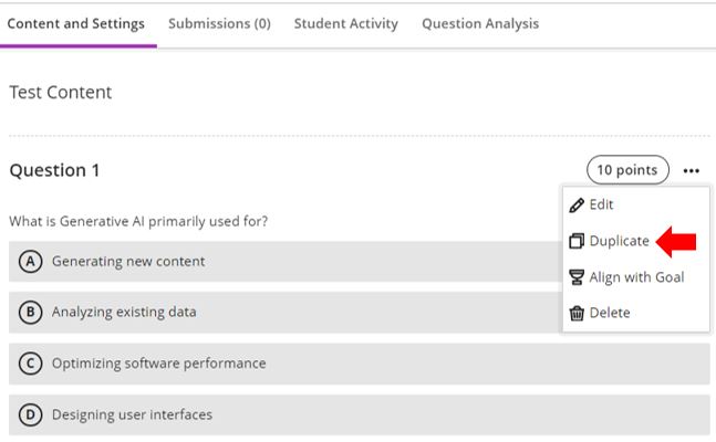 Image showing the new duplicate question in Tests and Forms in Blackboard, access by clicking on the 'More Options' three dots to the right of the pre-existing question.