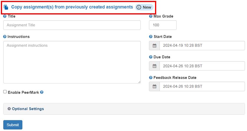 Image showing how to access the new 'Copy previous assignment' feature in Turnitin.
