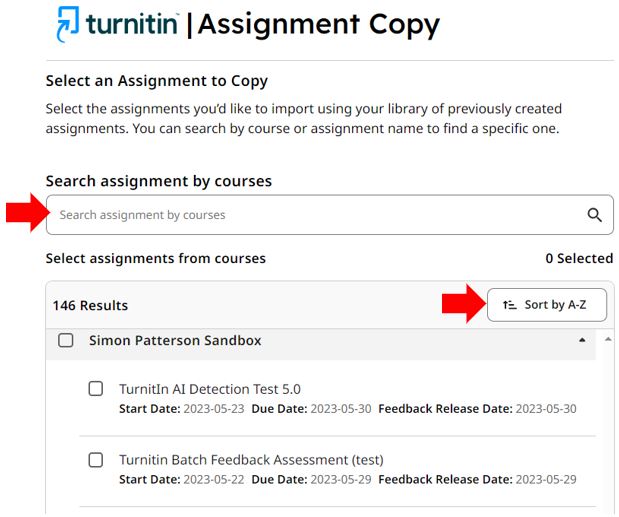 Image showing the results of running the Copy previous assignment option. A list is displayed that includes all previously created Turnitin assignments associated with that user.