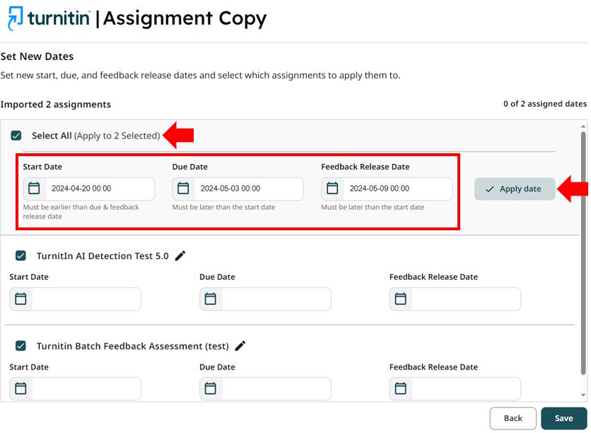 Image showing the options available to congifure dates relating to the Turnitin assignment copy process when more than one assignment is selected to be duplicated in a single instance.