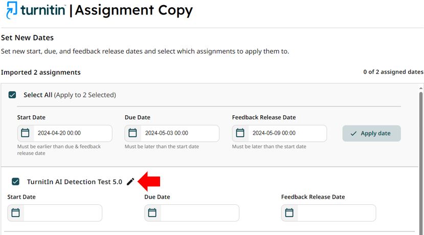 Image showing the ability to update the newly copied assignments name following the duplication process.
