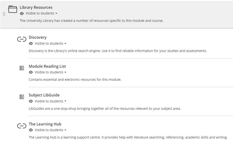 Image showing the Library Resources Learning Module in the new Blackboard 2024-24 module templates. This is the location where the Module Reading List is located.