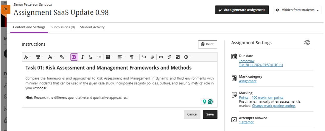 Image showing the Module leaders view of adding instructions to an assignment.