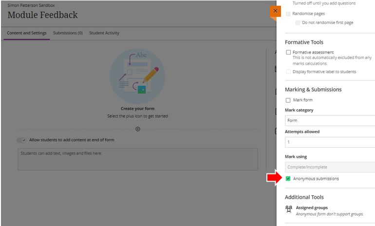 Image showing the anonymous submissions option