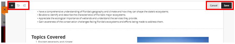 Image shows the additional editable options that are available once the Edit button has been selected on a Blackboard Document including Edit, Add Blocks, Undo/Redo, Cancel & Save options.