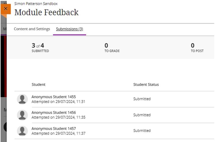 Image showing the anonymous form submissions gradebook page.