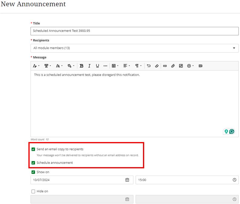 Image showing the setting up of a new announcement where both 'send an email copy' and the 'schdule announcement' option options can be configured and enabled concurrently.