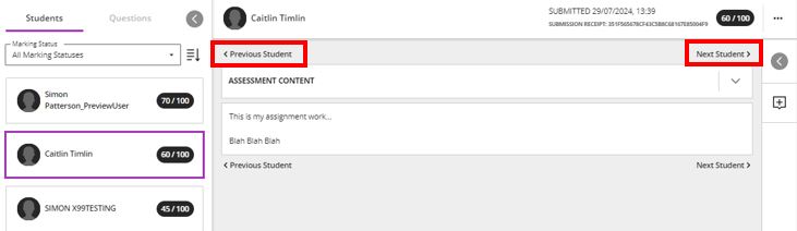 Image showing the module leader's view of grading an assignment with the new 'Next’ and 'Previous’ student' buttons