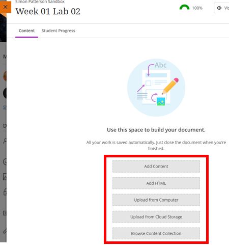 Image showing the current workflow to add a content block to a Blackboard Document.