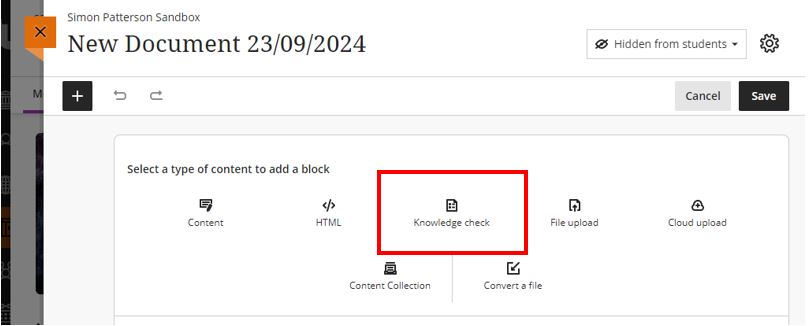 Image showing the location of the new ‘knowledge check’ option within a Blackboard documents.