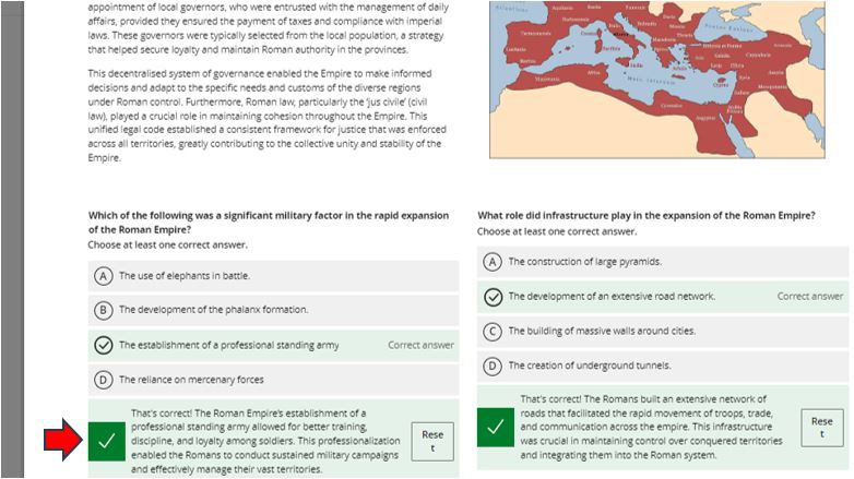 Image showing the student view of the knowledge check feedback having attempted the knowledge check questions on the Blackboard document.