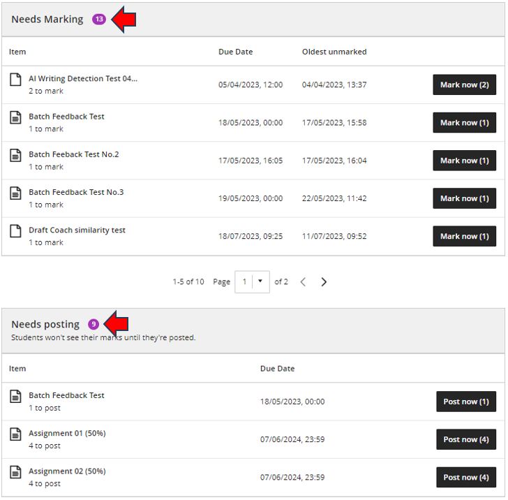 Image showing the 'Overview' tab page has two sections; one for submissions that have not been graded and another for grades that have not been posted.