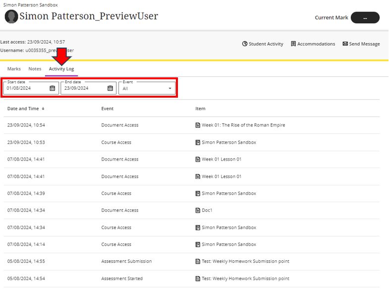 Image showing the new student activity log and that it can be filtered by date and event type and shows each item which has been accessed.