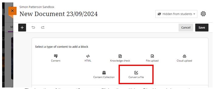 Image showing the location of the new ‘Convert file’ option within a Blackboard documents.