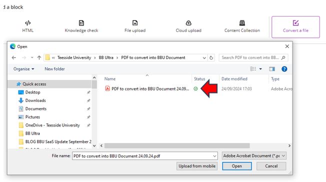 Image showing a file to convert to a BBU document being selected using the Windows Explorer.