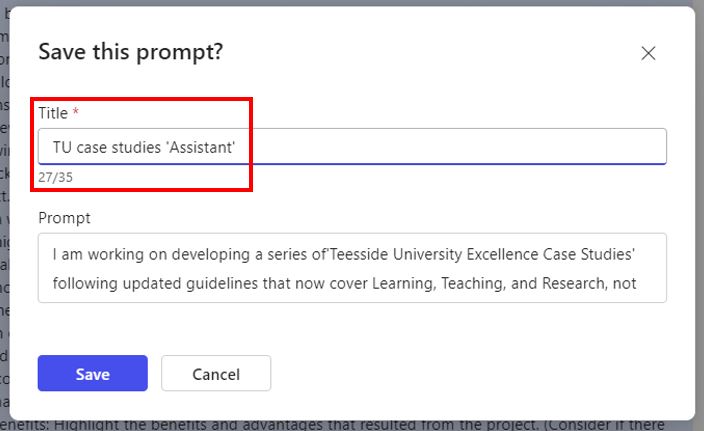 Image showing that after clicking the ‘Save Prompt’ option a new Save Prompt dialogue menu will appear.