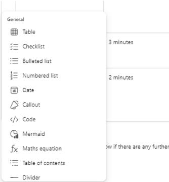 Image showing the available new Additional configuration options from the drop down menu such as, Table, Checklist, Callout, Code etc.