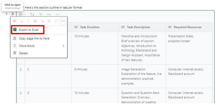 Image showing how to access the 'Export' options within the new edit page feature.