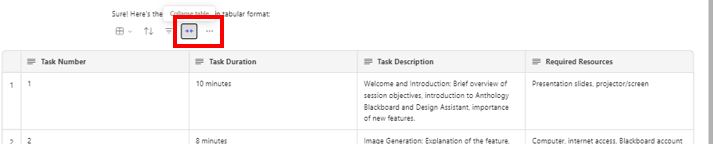 Image showing the 'Expand View' configuration option that depending on the content that the prompt output has generated (for example a table), you can expand the view of the output to fit the screen width of the edit page feature.