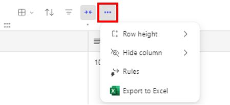 Image showing the 'more options' configuration options. The more options feature provides additional functionality (depending on the content that the prompt output has generated). For example, for the generated table; Row height, Hide column, Rules and Export to Excel.