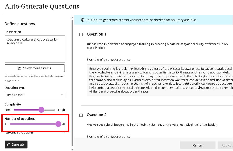 Image showing that the new maximum amount of questions that can be set when generating a Blackboard Design Assistant test is now 20. The image shows the slider being able to be moved to 20.