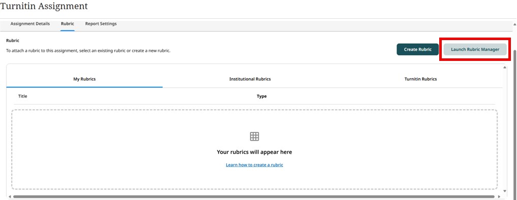 Image showing how to launch the Rubric Manager within Turnitin Blackboard integration.