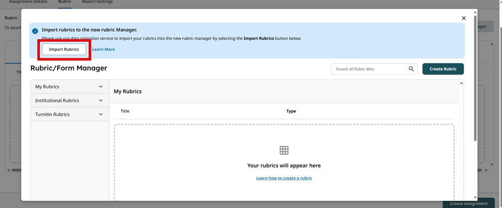 Image showing the Import Rubrics button.