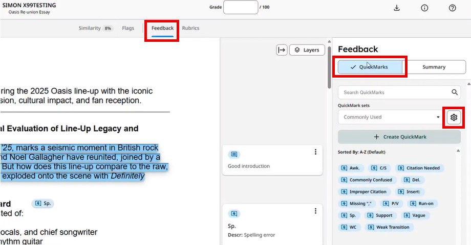 Image showing how to launch the QuickMarks Manager within Turnitin Blackboard integration.