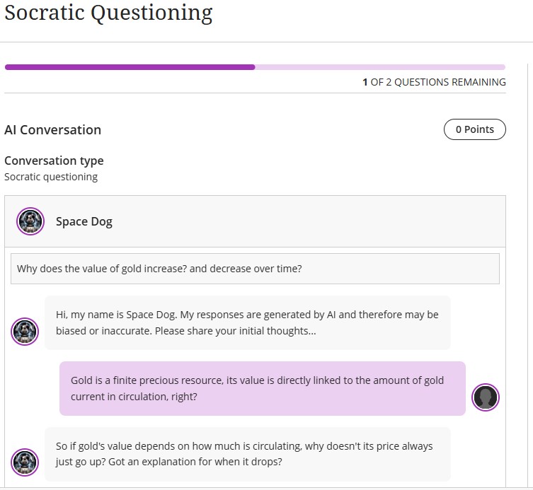 Blackboard Ultra user interface showing the Socratic questioning feature.