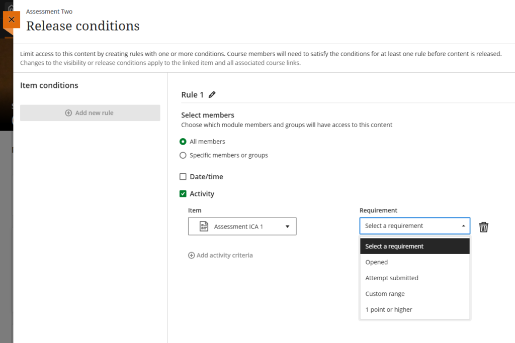 Screen shot of the new Release Condition page