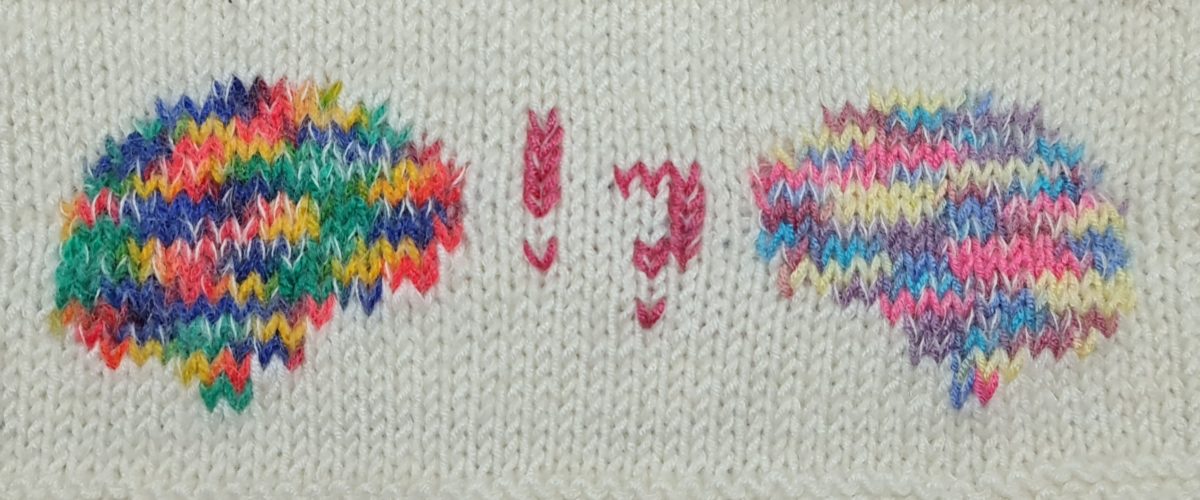 Knitted picture showing two different coloured brains facing each other with exclamation mark and question mark in between them