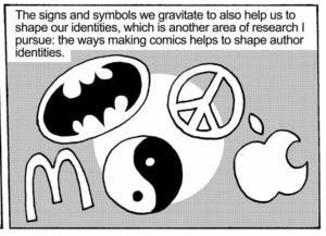 The signs and symbols we gravitate to also help us to shape our identities, which is another area of research I pursue: the ways making comics helps to shape author identities.