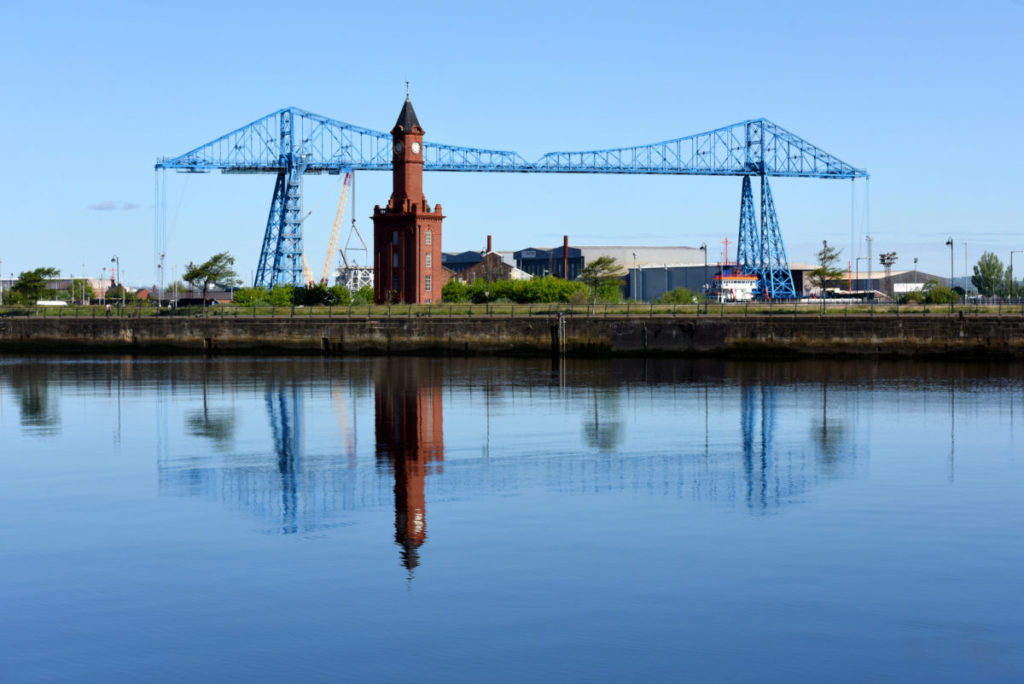 Transporter Bridge and clock tower across the River Tees