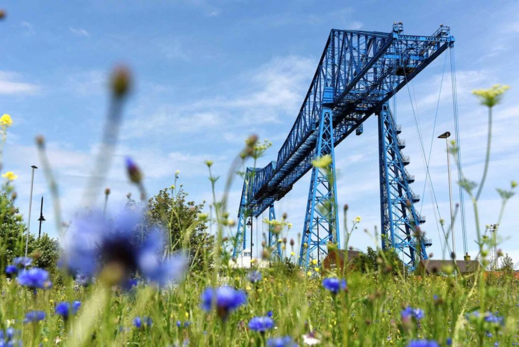 Image of the Transporter Bridge with summer wildflowers in the foreground. 